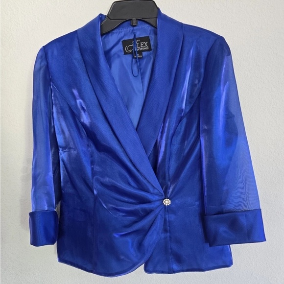 Alex Evenings Satin Jacket Woman Small Blue Collared 3/4 Sleeve Exellent - Picture 4 of 13
